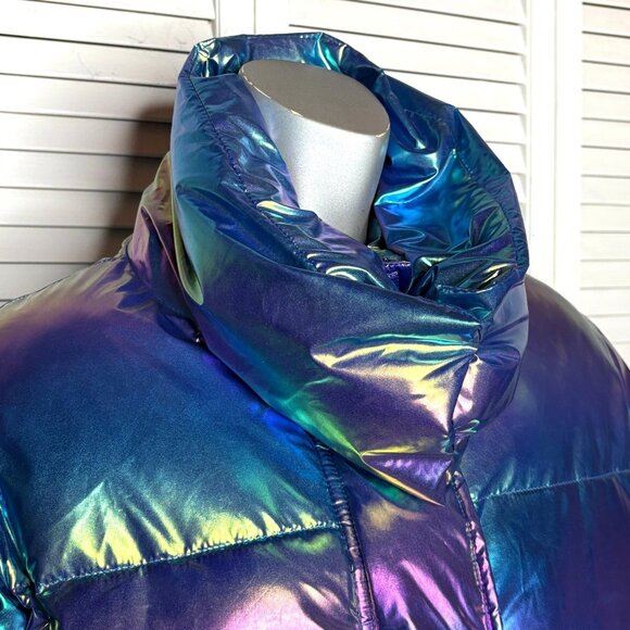 Unreal Fur Holographic FRACTALS Iridescent Puffer Jacket Metallic Cropped M NWT - Picture 5 of 12